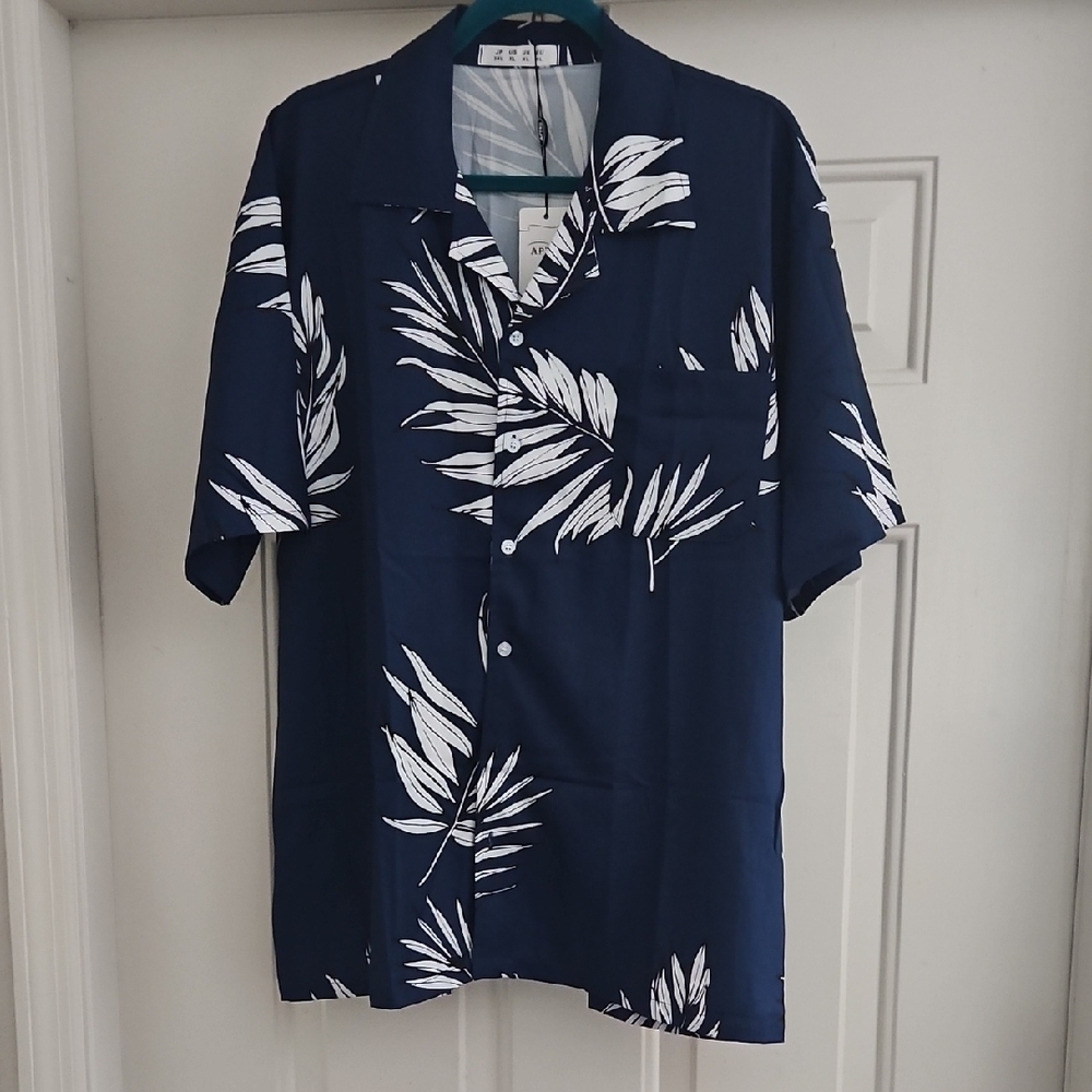 Navy Aloha Leaf Print Shirt